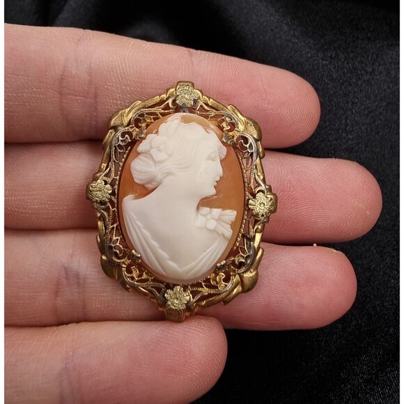 Antique Vintage Shell Cameo Brooch Portrait Elegant Victorian Style Jewelry - Picture 4 of 6